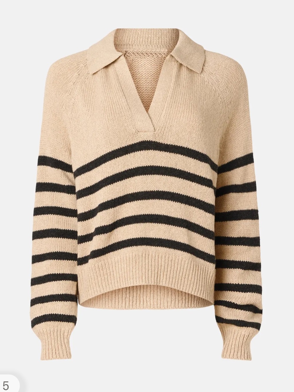 Marine Layer Beige and Black Striped Collared Polo V-Neck Sweater